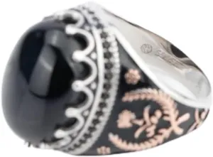 S925 Sterling Silver Men's Agate Ring Silver Black Agate Stone Round Set Cubic Zirconia (CZ) Turkiye Ring Vintage Style Wedding Ring Jewelry Gift Size 7-12
