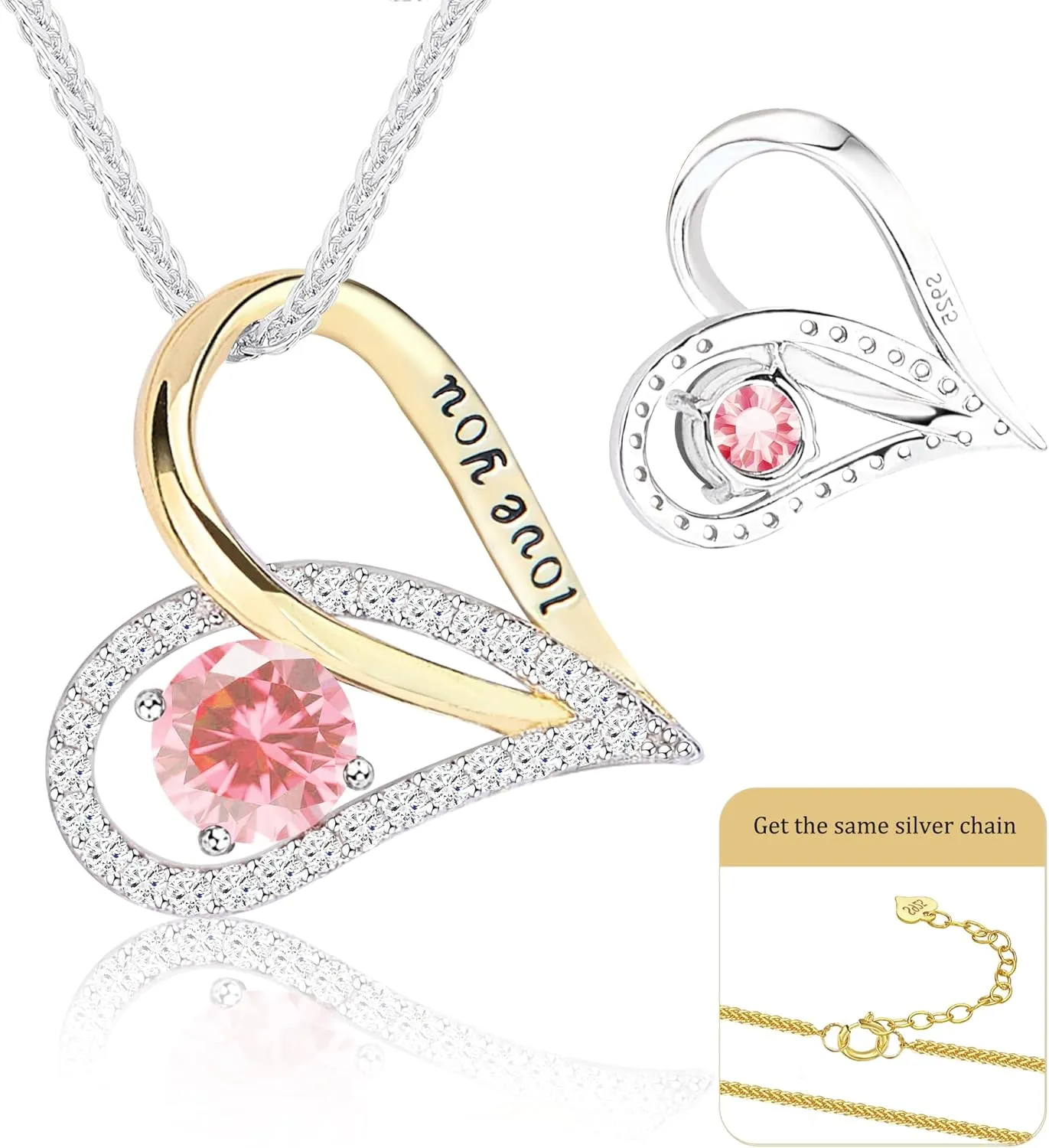 S925 Sterling Silver TwoTone Gold Heart Pendant Necklace | 18 2 Adjustable Necklace for Women with Bonus S925 Silver TwoTone Chain