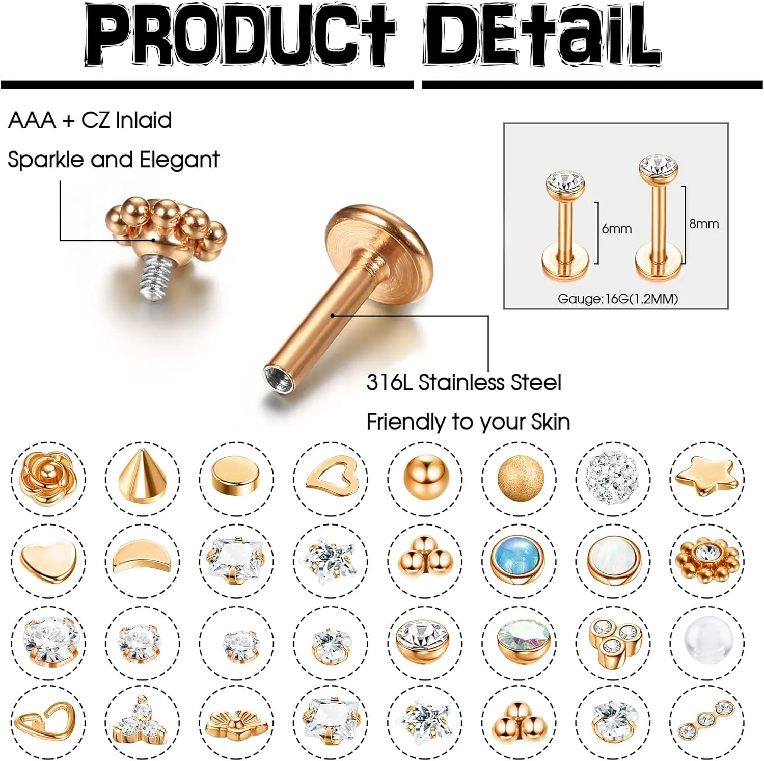 Sanfenly Lip Rings for Women Men 16G Medusa Labret Lip Piercing Jewelry 6MM 8MM Lip Ring Studs Silver Gold Black Rose Gold Tragus Helix Cartilage Earrings
