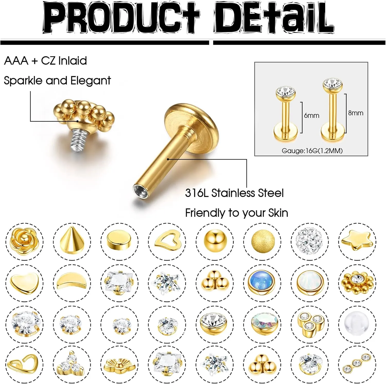 Sanfenly Lip Rings for Women Men 16G Medusa Labret Lip Piercing Jewelry 6MM 8MM Lip Ring Studs Silver Gold Black Rose Gold Tragus Helix Cartilage Earrings