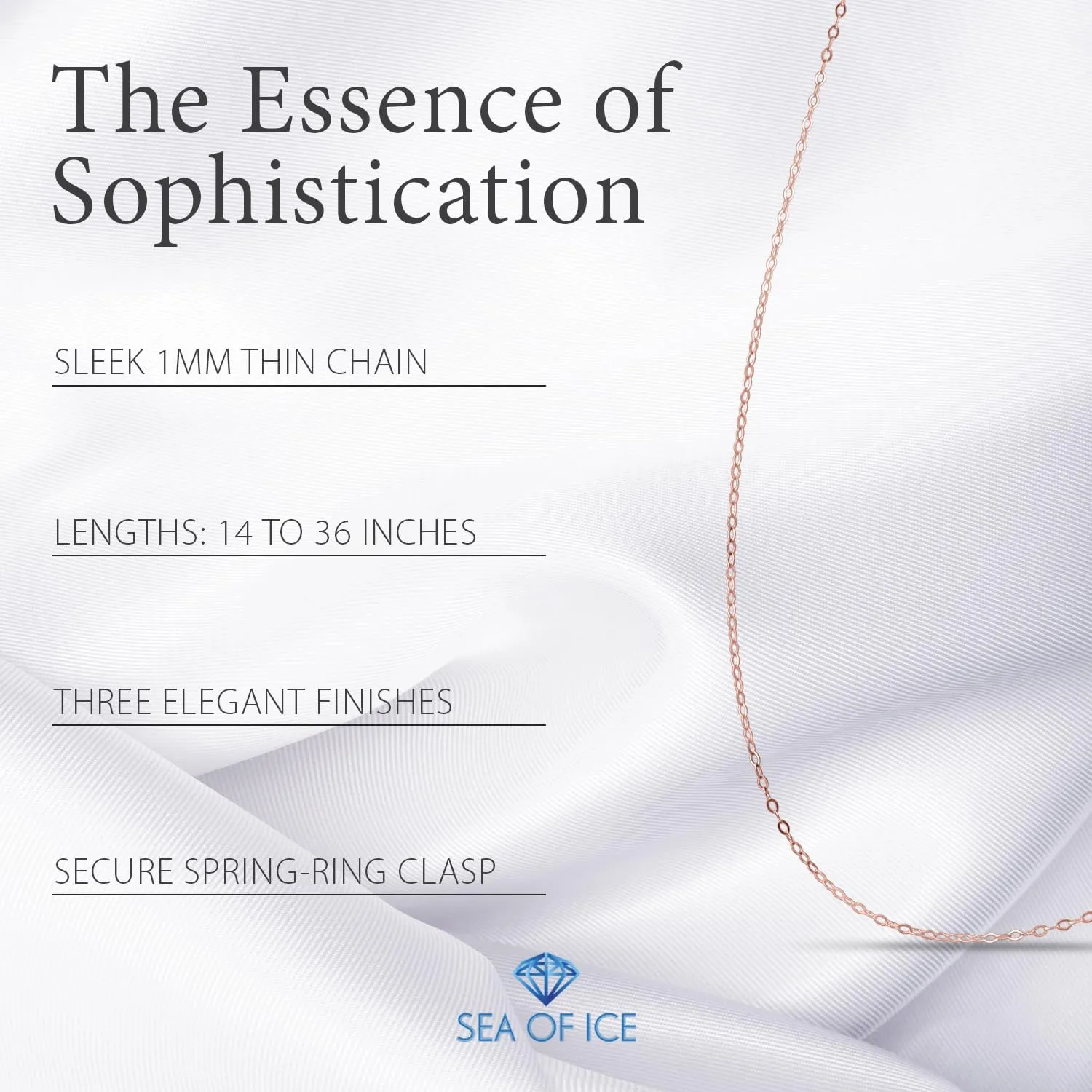 SEA OF ICE Sterling Silver 1mm Super Thin Delicate Flat Cable Chain Necklace, 14-36 inch