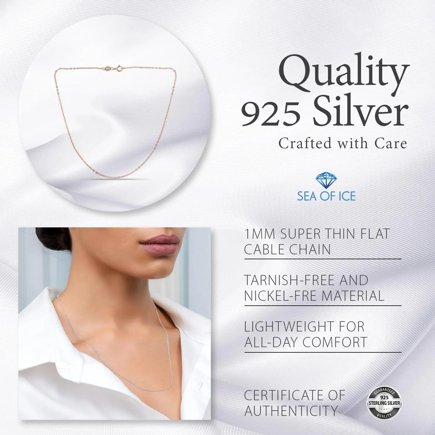 SEA OF ICE Sterling Silver 1mm Super Thin Delicate Flat Cable Chain Necklace, 14-36 inch