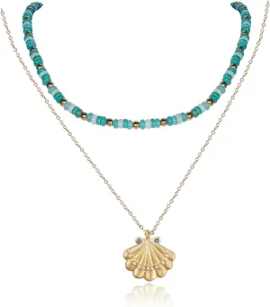Sea Turtle Sea Shell Locket Double Layered Pendant Necklace for Women,Green Opal Rhinestone Cute Sea Turtle Statement Beaded Necklace Blue Bohemian Beaded Necklace Summer Ocean Beach Jewelry