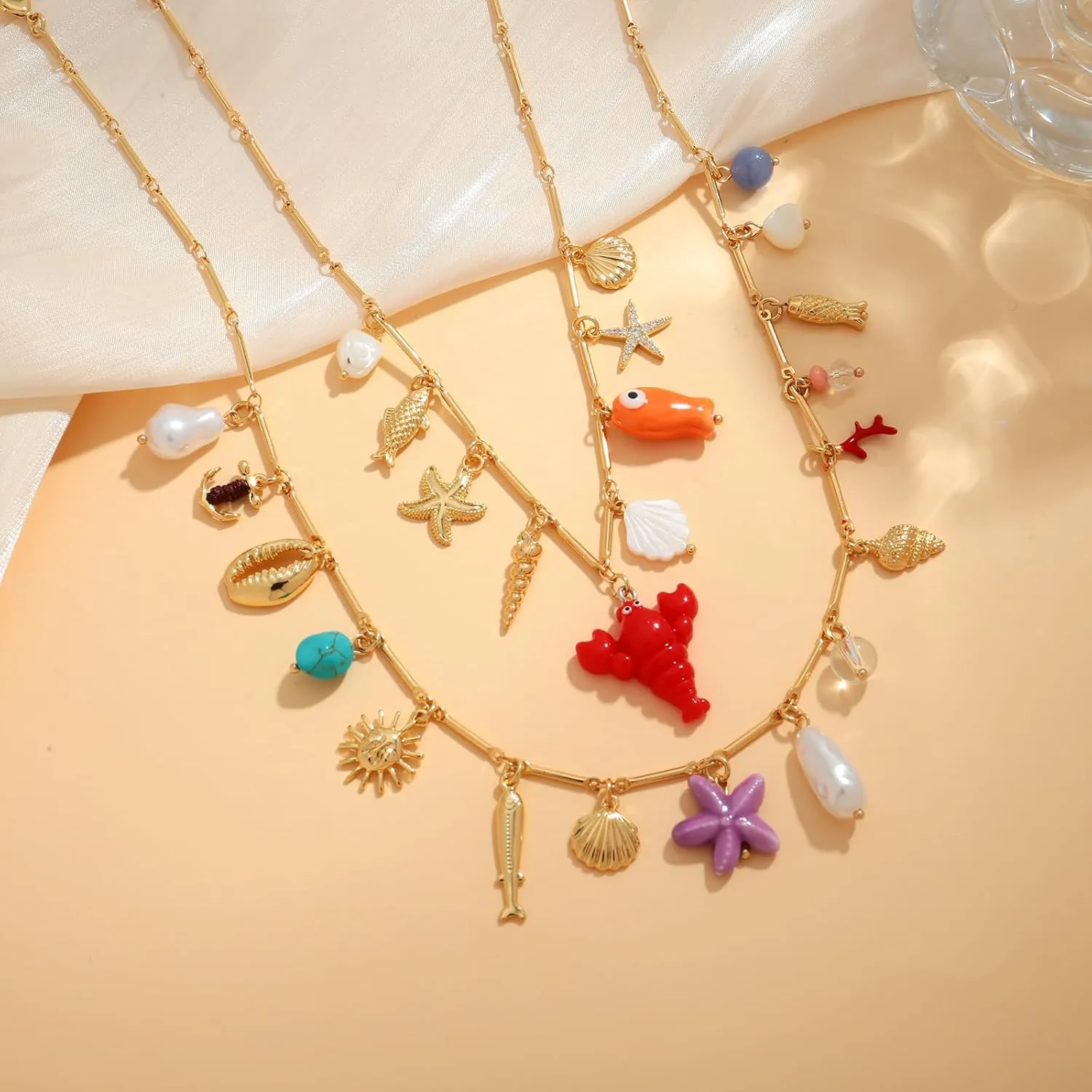 Seashell Necklace, Gold Chain with Trendy Summer Beach Boho Necklace Shell Starfish Snail Conch Jewelry Gifts