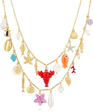 Seashell Necklace, Gold Chain with Trendy Summer Beach Boho Necklace Shell Starfish Snail Conch Jewelry Gifts