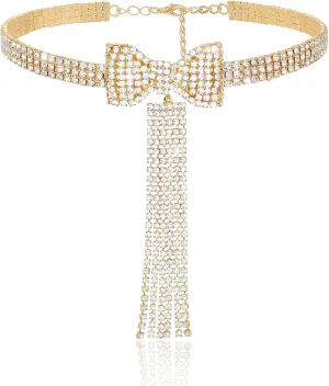 Sethexy Sparkly Rhinestone Bowknot Necklace Bow Tie Tassel Choker Layered Crystal Costume Jewelry Bling Tennis Chain for Women