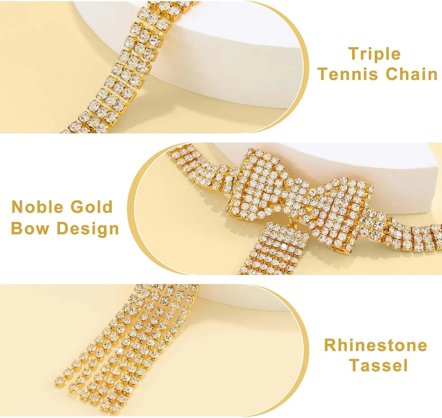 Sethexy Sparkly Rhinestone Bowknot Necklace Bow Tie Tassel Choker Layered Crystal Costume Jewelry Bling Tennis Chain for Women