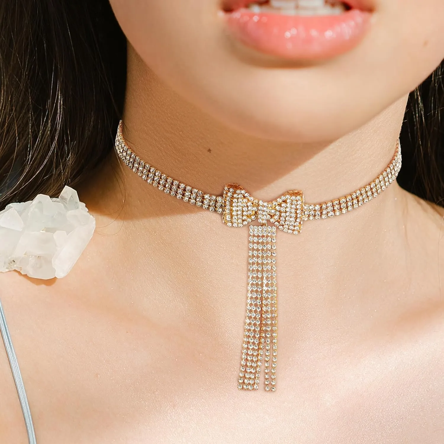 Sethexy Sparkly Rhinestone Bowknot Necklace Bow Tie Tassel Choker Layered Crystal Costume Jewelry Bling Tennis Chain for Women