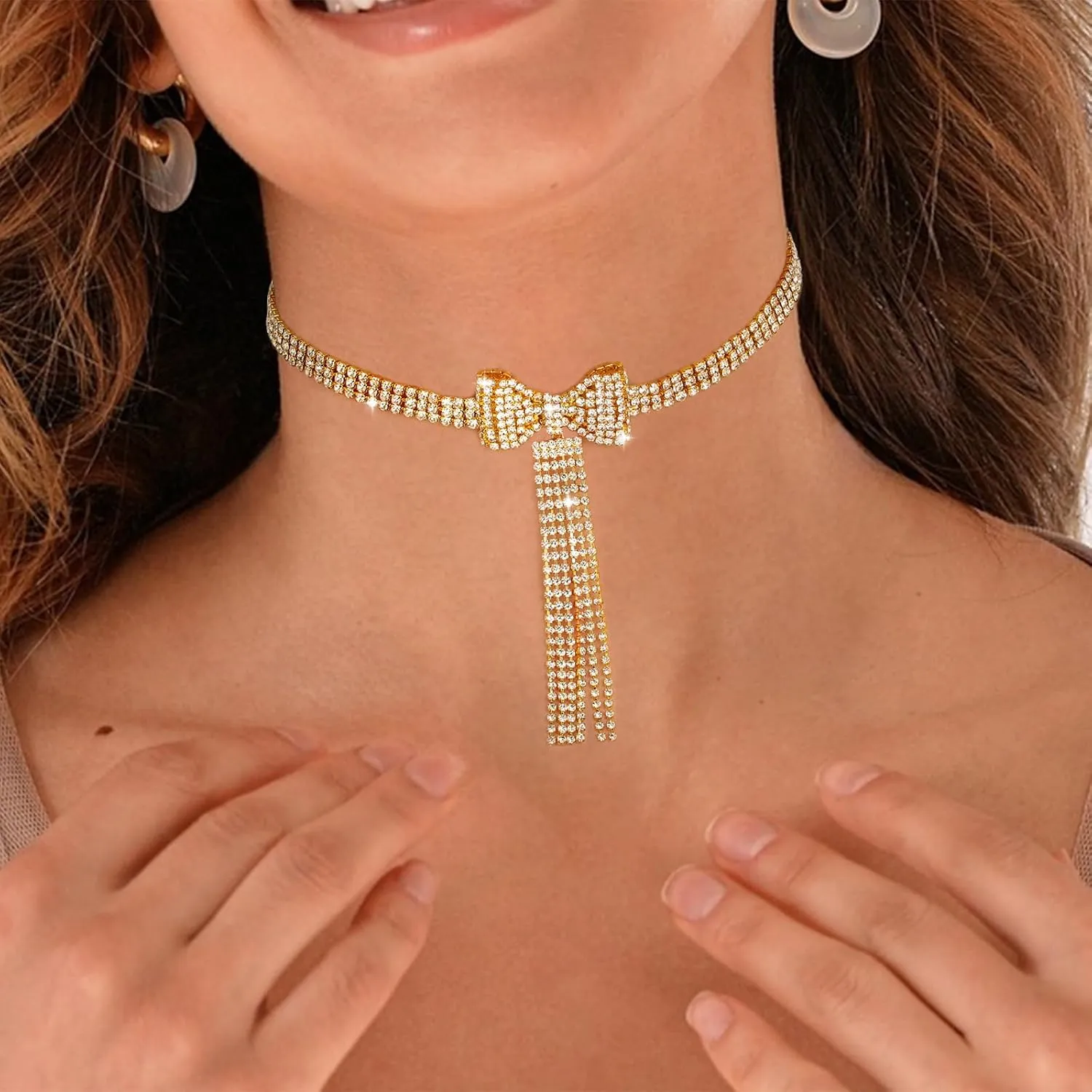 Sethexy Sparkly Rhinestone Bowknot Necklace Bow Tie Tassel Choker Layered Crystal Costume Jewelry Bling Tennis Chain for Women
