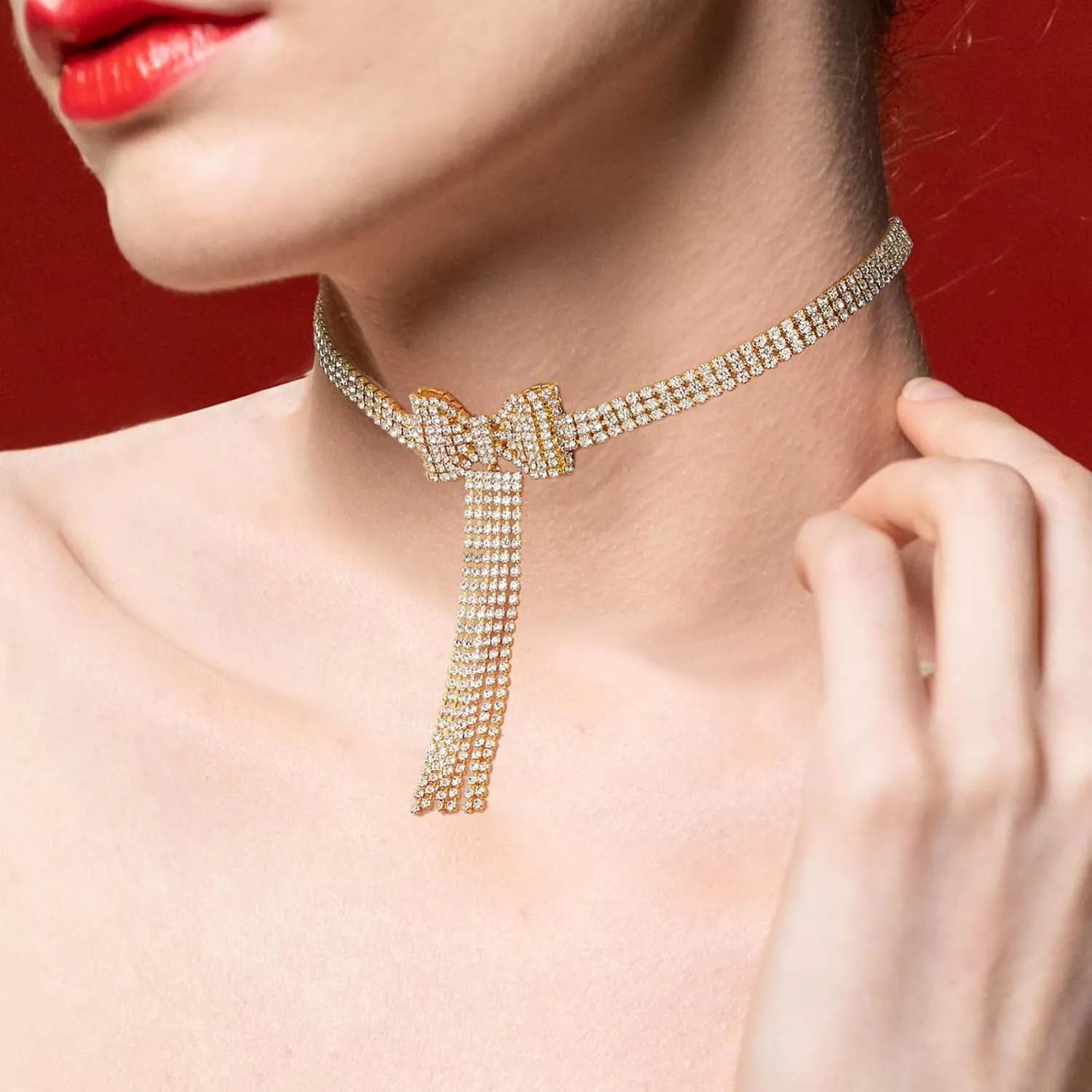 Sethexy Sparkly Rhinestone Bowknot Necklace Bow Tie Tassel Choker Layered Crystal Costume Jewelry Bling Tennis Chain for Women