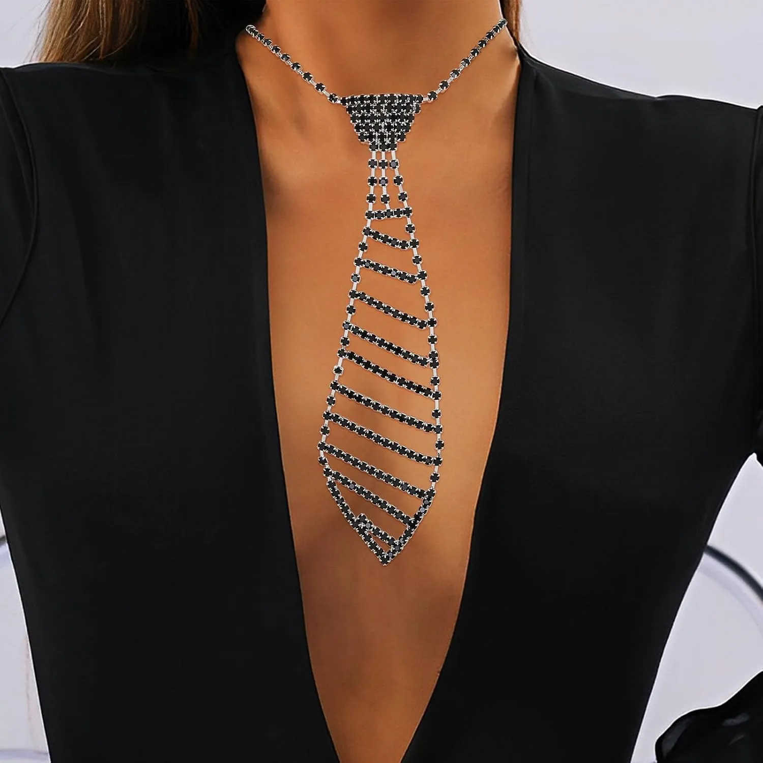 Sethexy Sparkly Rhinestone Necklace Tie Crystal Bling Choker Necklaces Costume Jewelery Accessories for Women