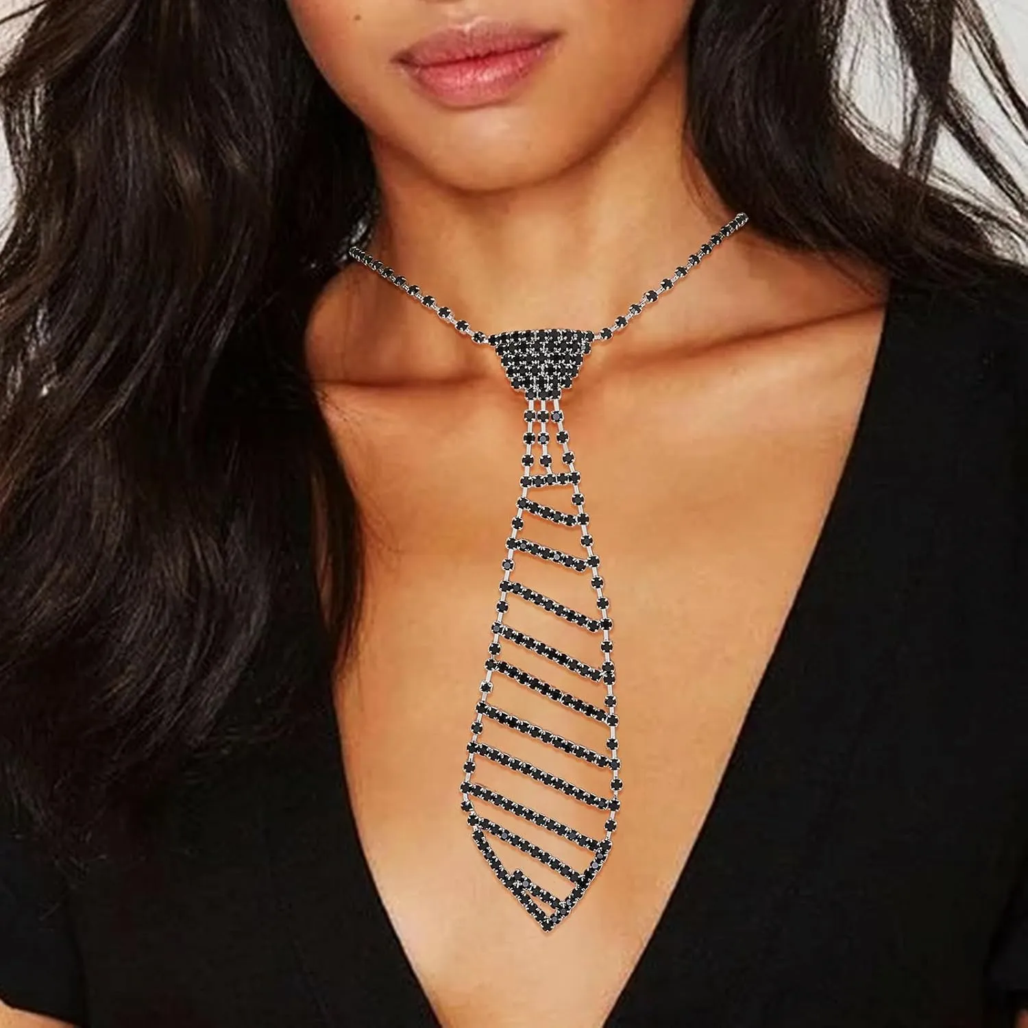 Sethexy Sparkly Rhinestone Necklace Tie Crystal Bling Choker Necklaces Costume Jewelery Accessories for Women