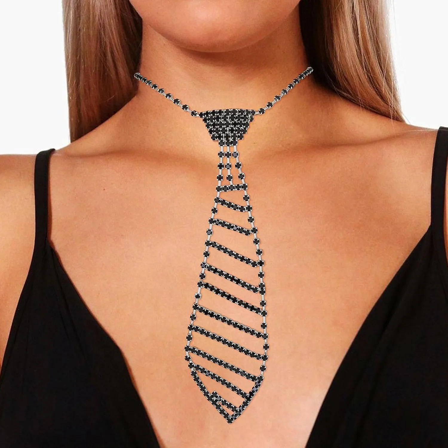 Sethexy Sparkly Rhinestone Necklace Tie Crystal Bling Choker Necklaces Costume Jewelery Accessories for Women