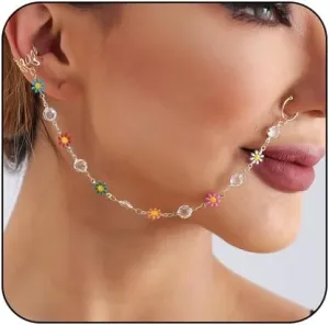Sexy Pearl Beaded Layered Tassel Nose Rings Hoop Chain Septum Non-Pierced Nose to Ear Indain Belly Dance Party Nose Accessories for Women (Style 26)