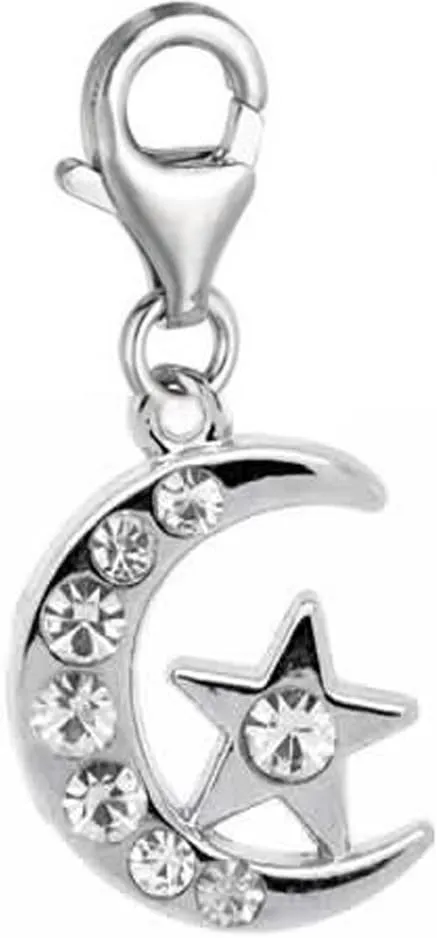 Sexy Sparkles Moon and Star Charm  Clip-On Pendant with Lobster Clasp for European Charm Bracelets and Jewelry, Zinc Alloy