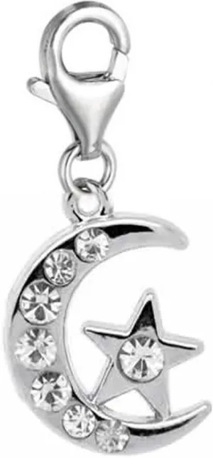 Sexy Sparkles Moon and Star Charm  Clip-On Pendant with Lobster Clasp for European Charm Bracelets and Jewelry, Zinc Alloy