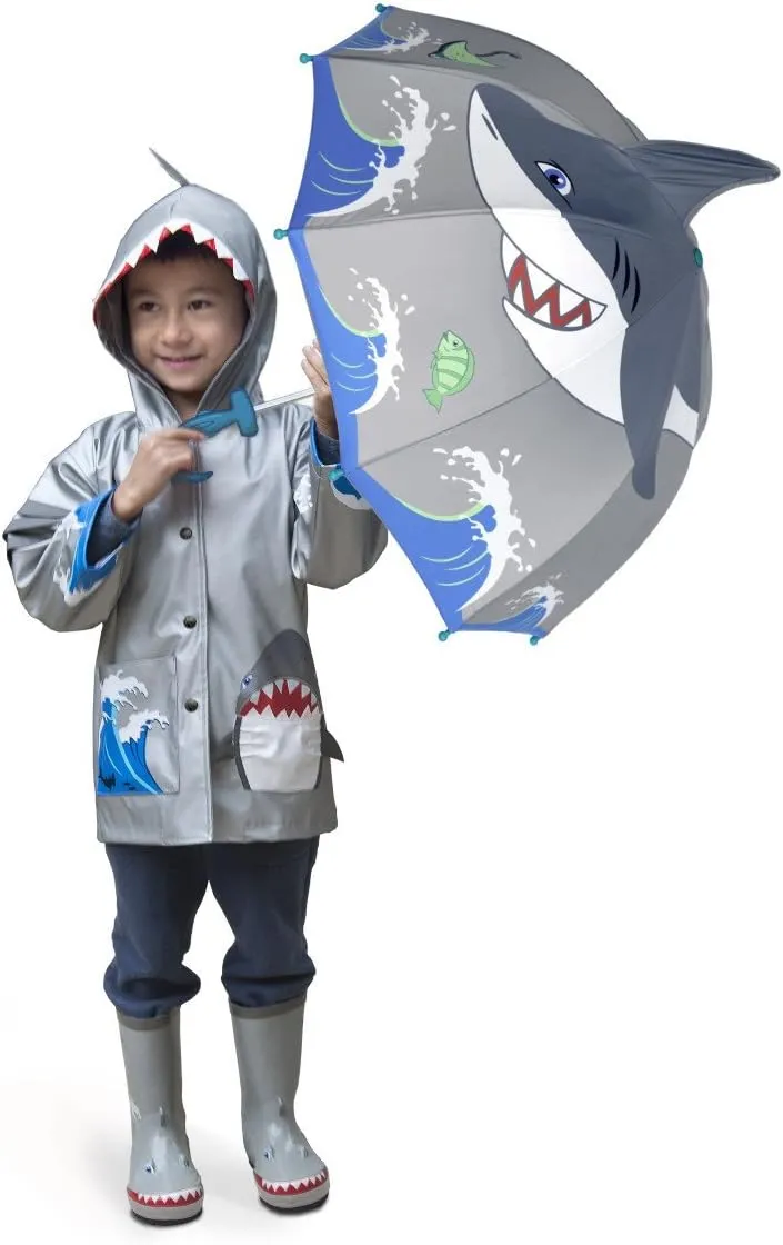 Shark Grey Umbrella for Boys w/Fun Hammerhead Handle, Pop-Up Fin, Ocean Trim