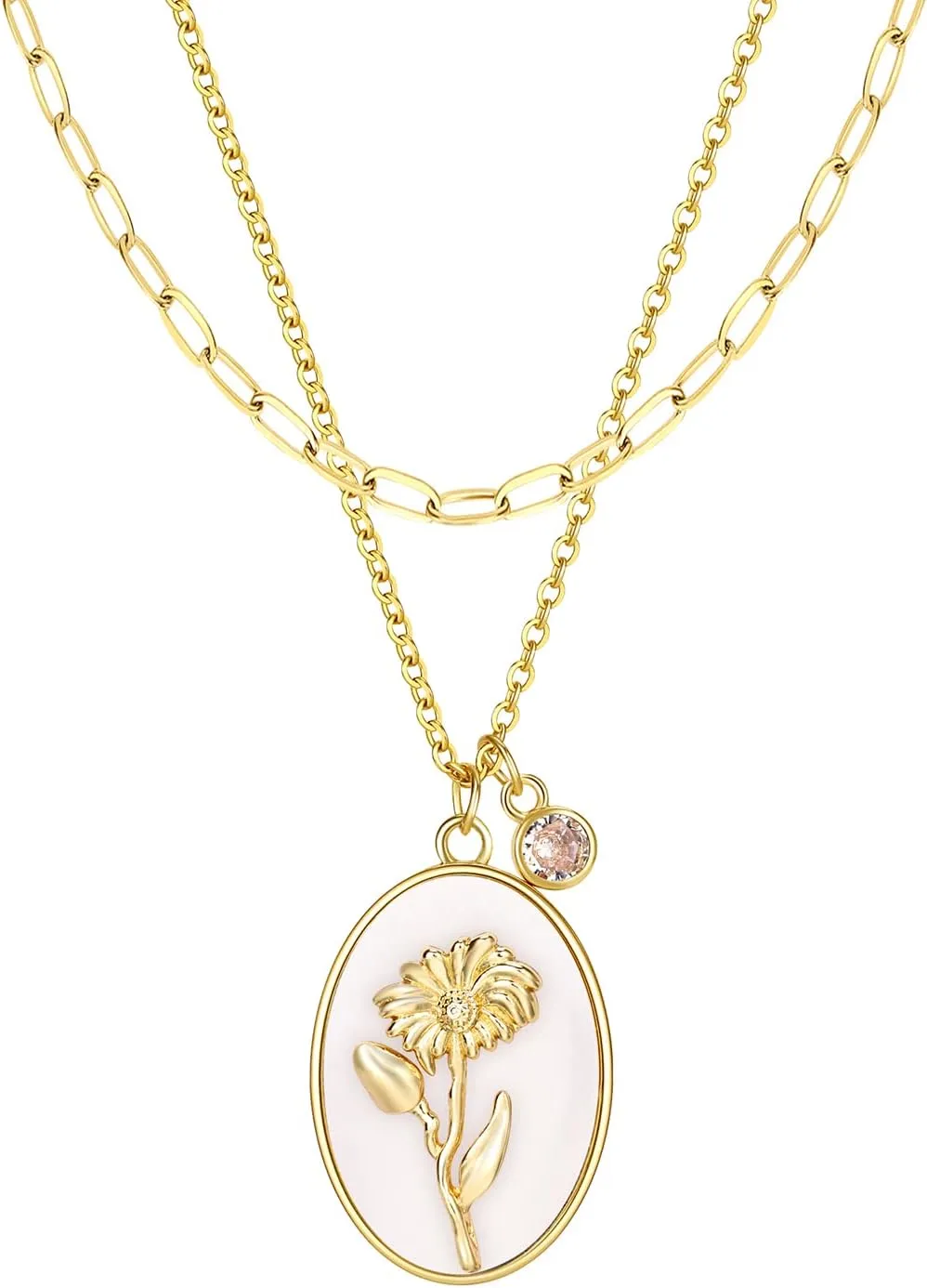 SHOWNICE 18K Gold Plated Inlaid White Shell Solid Birth Flower Pendant, Layering Choker Necklaces with Birthstone for Women