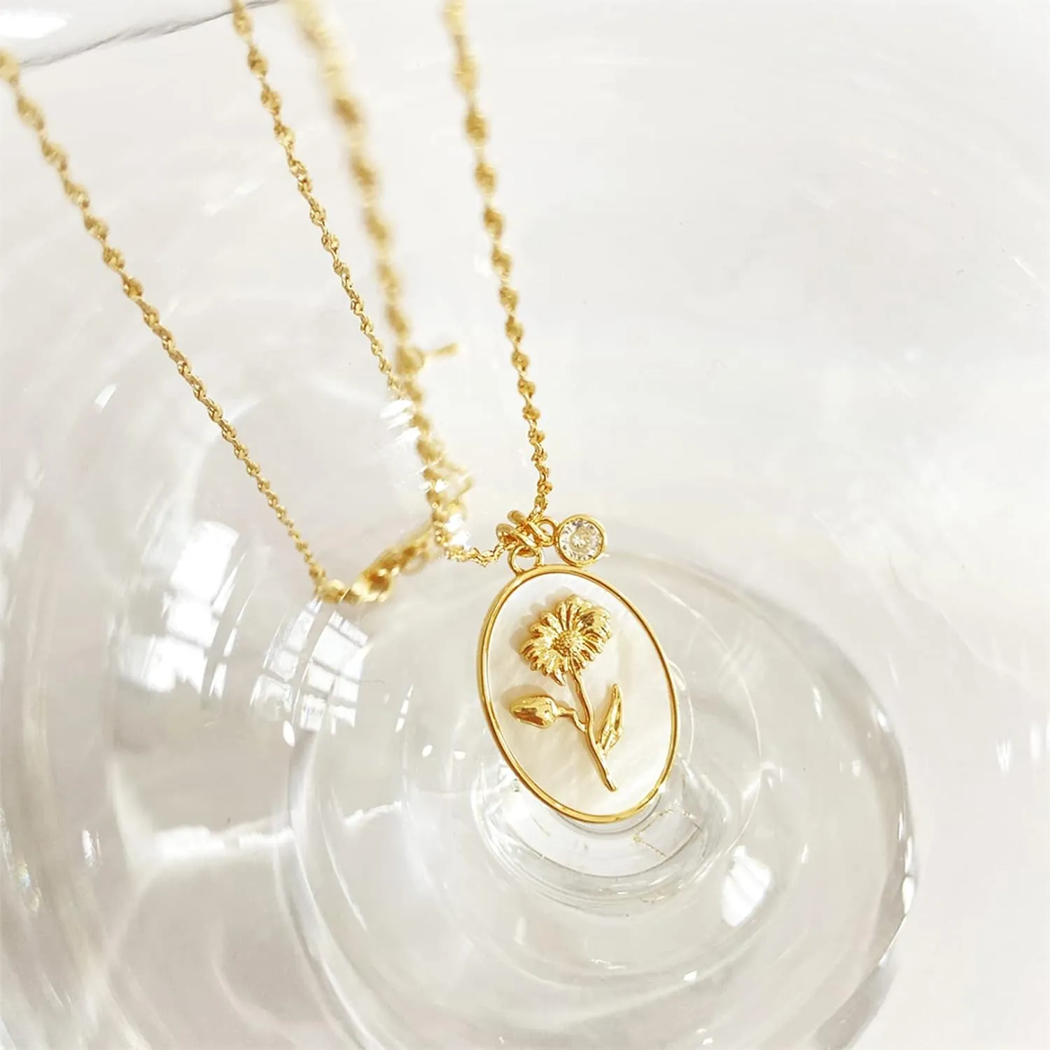 SHOWNICE 18K Gold Plated Inlaid White Shell Solid Birth Flower Pendant, Layering Choker Necklaces with Birthstone for Women