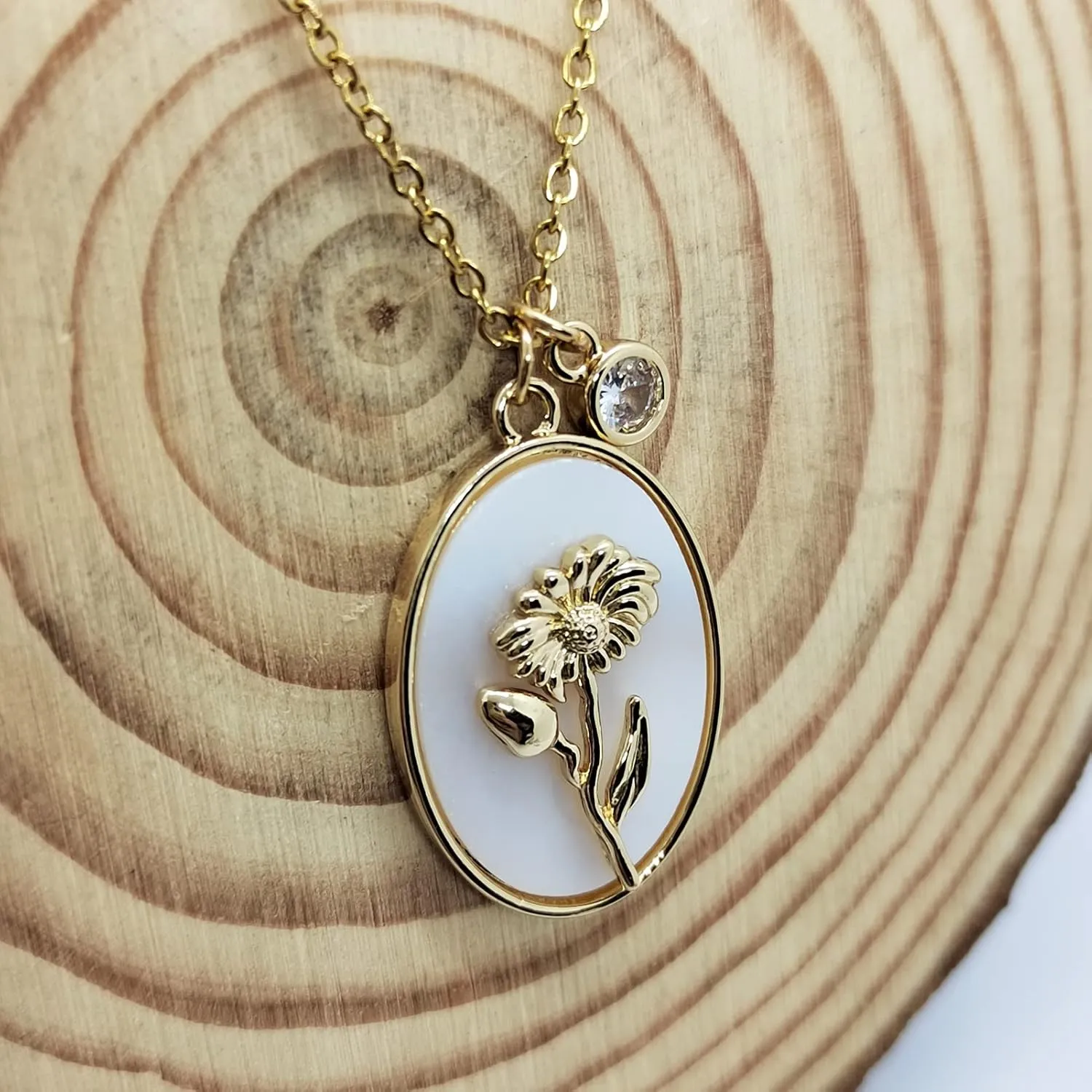 SHOWNICE 18K Gold Plated Inlaid White Shell Solid Birth Flower Pendant, Layering Choker Necklaces with Birthstone for Women
