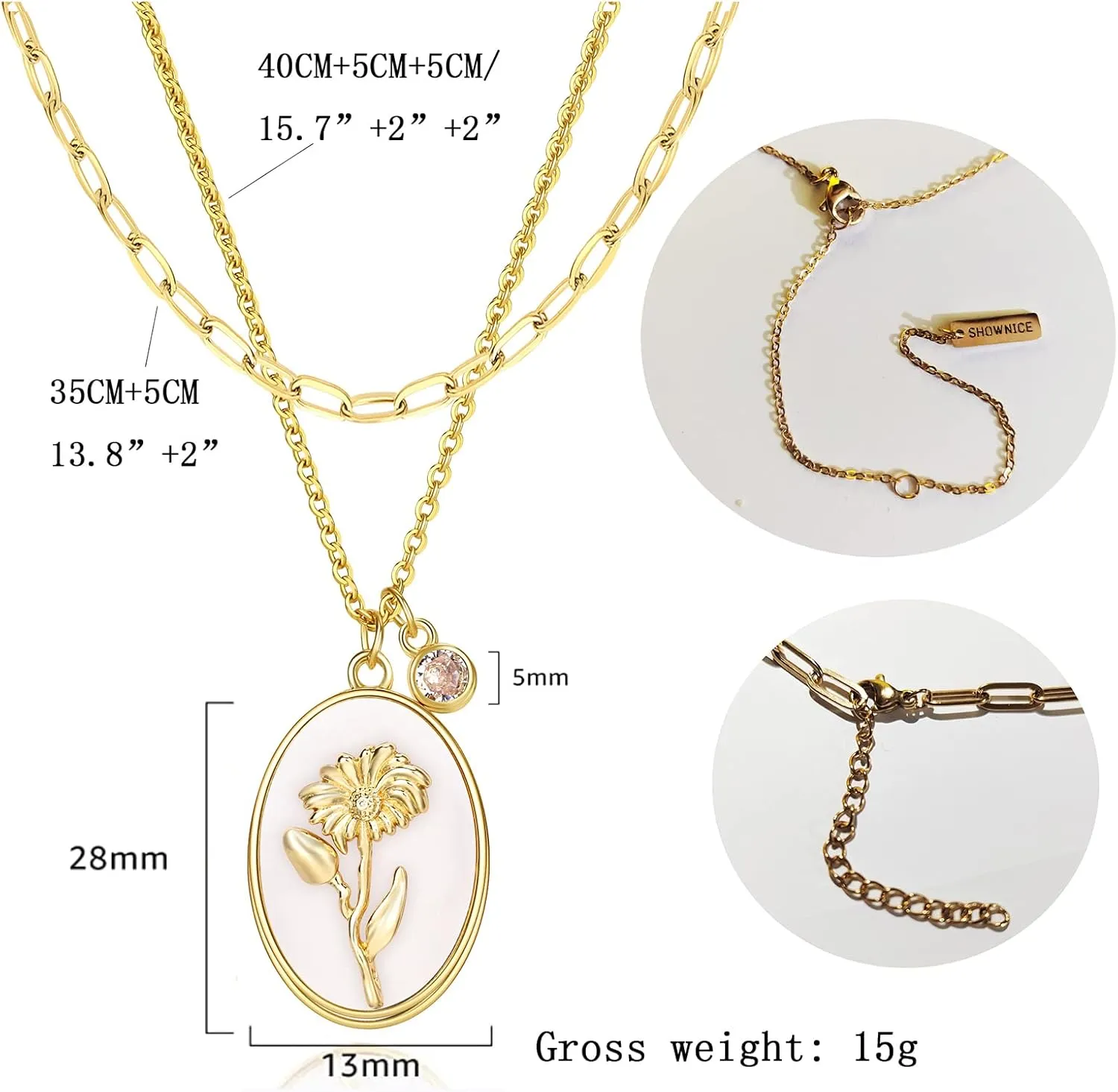 SHOWNICE 18K Gold Plated Inlaid White Shell Solid Birth Flower Pendant, Layering Choker Necklaces with Birthstone for Women