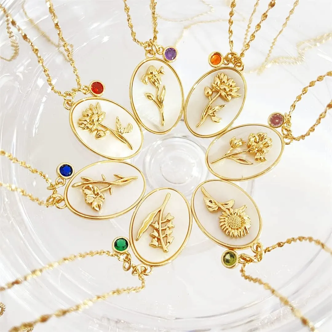 SHOWNICE 18K Gold Plated Inlaid White Shell Solid Birth Flower Pendant, Layering Choker Necklaces with Birthstone for Women