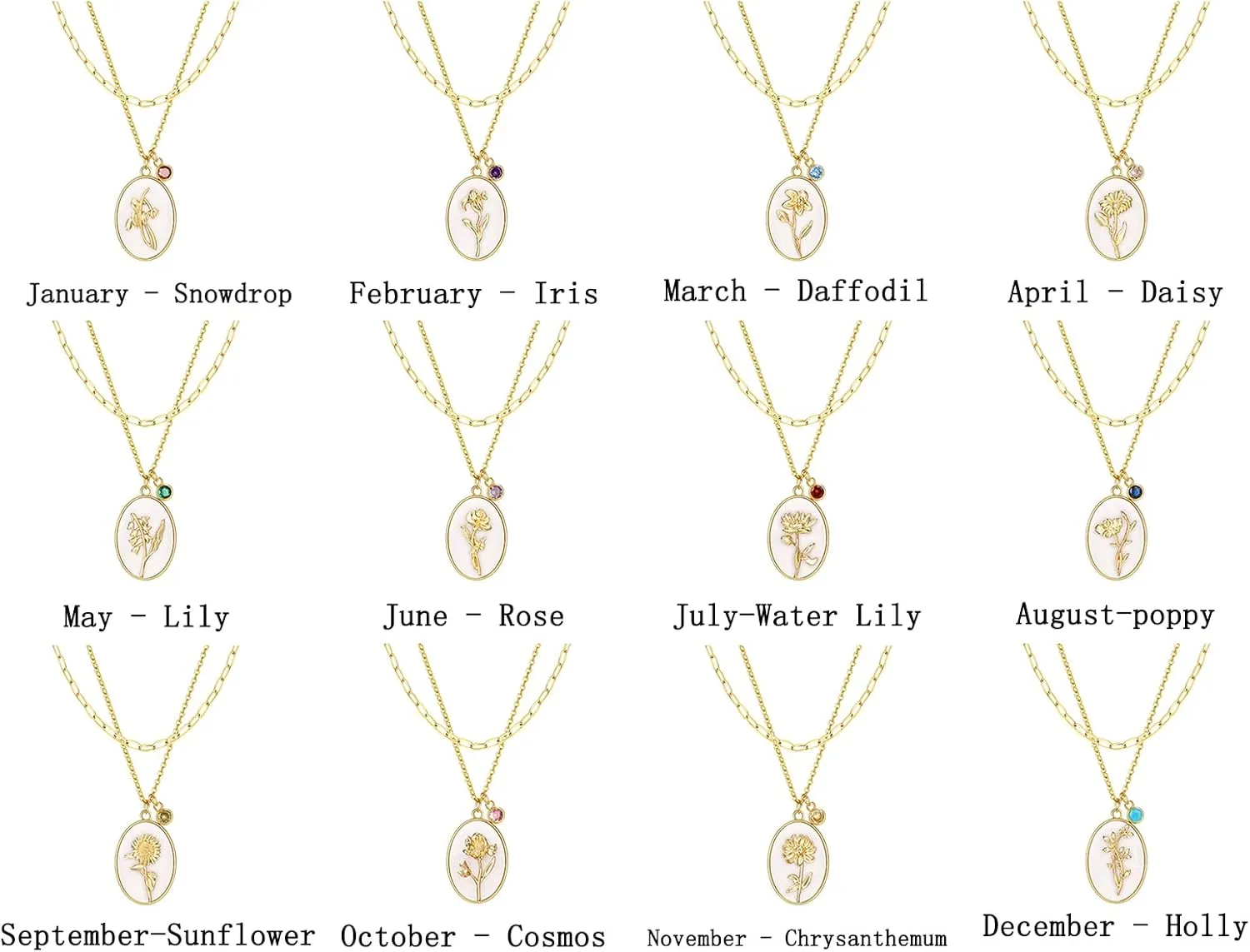 SHOWNICE 18K Gold Plated Inlaid White Shell Solid Birth Flower Pendant, Layering Choker Necklaces with Birthstone for Women