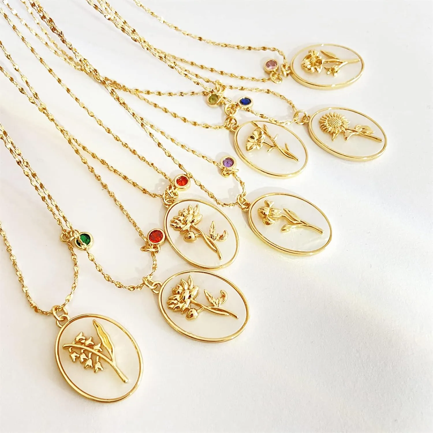 SHOWNICE 18K Gold Plated Inlaid White Shell Solid Birth Flower Pendant, Layering Choker Necklaces with Birthstone for Women