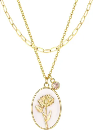 SHOWNICE 18K Gold Plated Inlaid White Shell Solid Birth Flower Pendant, Layering Choker Necklaces with Birthstone for Women