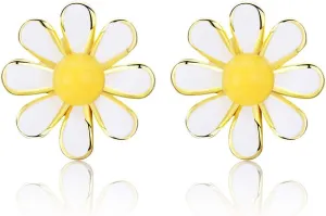 Shysnow Daisy Flower Earrings Studs for Women Sterling Silver Purple Flowers Huggie Hoop Earrings Pink Flower Green Leaf Crawler Floral Jewelry