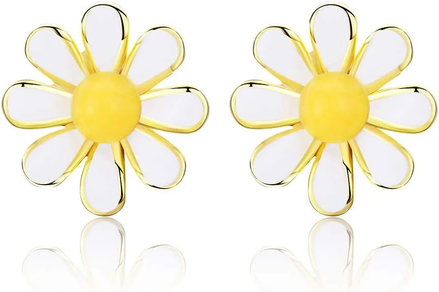 Shysnow Daisy Flower Earrings Studs for Women Sterling Silver Purple Flowers Huggie Hoop Earrings Pink Flower Green Leaf Crawler Floral Jewelry
