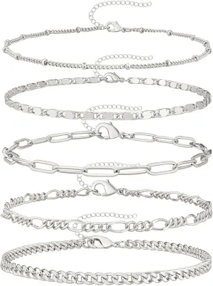 Silver Bracelets for Women, Dainty Silver Bracelets for Women Set 14K Silver Bracelet Stack Waterproof Jewelry for Women Trendy Minimalist Simple Small Thin Bracelet Set for Women Gift