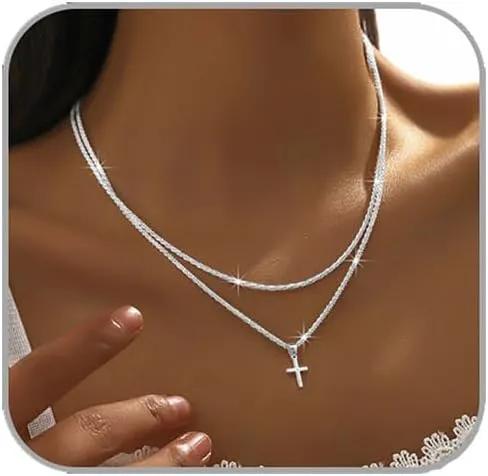 Silver Cross Necklace for Women Dainty Cross Necklace Silver Layered Cross Rhinestones Pendant Necklace Sparkling Zirconia Cross Necklace Shiny Small Cross Necklace Simple Trendy Jewelry