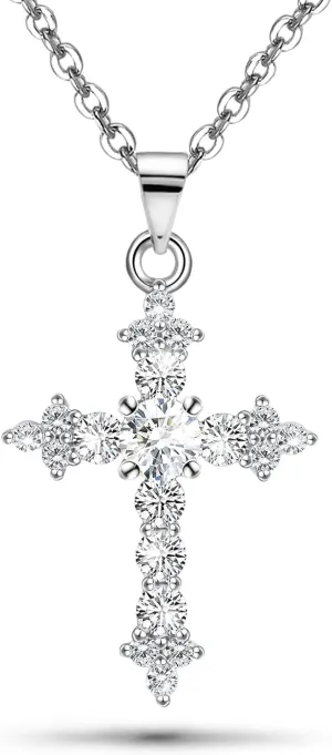 Silver Cross Necklace for Women White Gold CZ Easter Necklace Cubic Zirconia Diamond Pendant Necklaces Sparkling Dainty Moissanites Jewelry Easter Gifts for Daughter Birthday ,16 3inch Necklace Chain