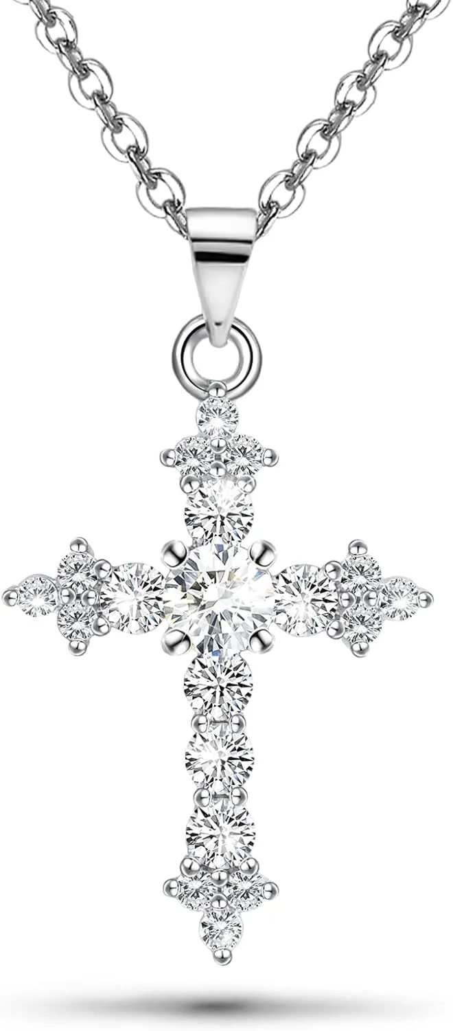 Silver Cross Necklace for Women White Gold CZ Easter Necklace Cubic Zirconia Diamond Pendant Necklaces Sparkling Dainty Moissanites Jewelry Easter Gifts for Daughter Birthday ,16 3inch Necklace Chain