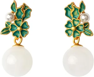 Silver Inlaid Super Immortal Palace Natural Jade Pearl Earrings Chinese Style High-end Light Luxury Temperament Jewelry For Women, Friends, Lover, Medium, white, gold