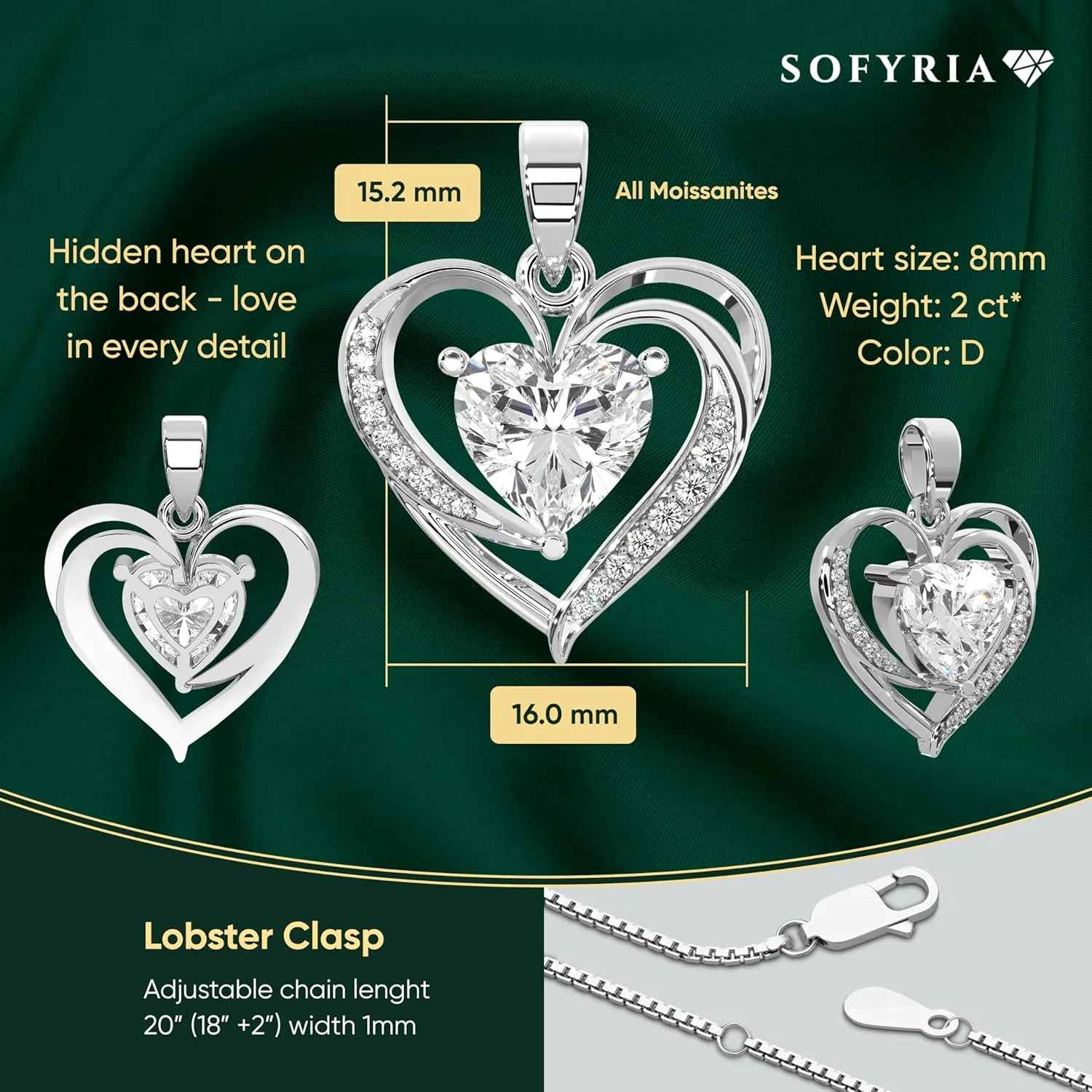 Silver Moissanite Heart Necklace for Women, 1-3ct Romantic Jewelry Gift, Sparkling Pendant for Wife, Girlfriend, Mom  Birthday, Anniversary, Wedding, Mothers Day Gift