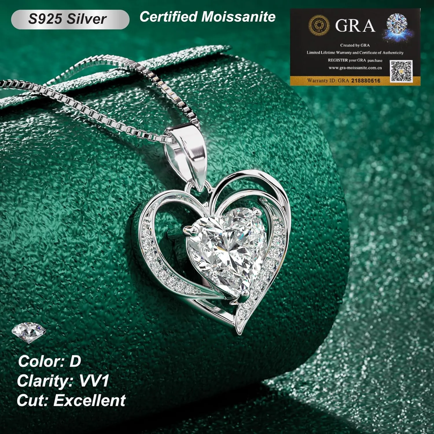 Silver Moissanite Heart Necklace for Women, 1-3ct Romantic Jewelry Gift, Sparkling Pendant for Wife, Girlfriend, Mom  Birthday, Anniversary, Wedding, Mothers Day Gift