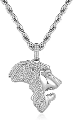 Silver Necklace for Men with Lion Pendant Stainless Steel Rope Chain White Gold Plated Lion King Mens Pendant Necklace Iced Out Hiphop Jewelry