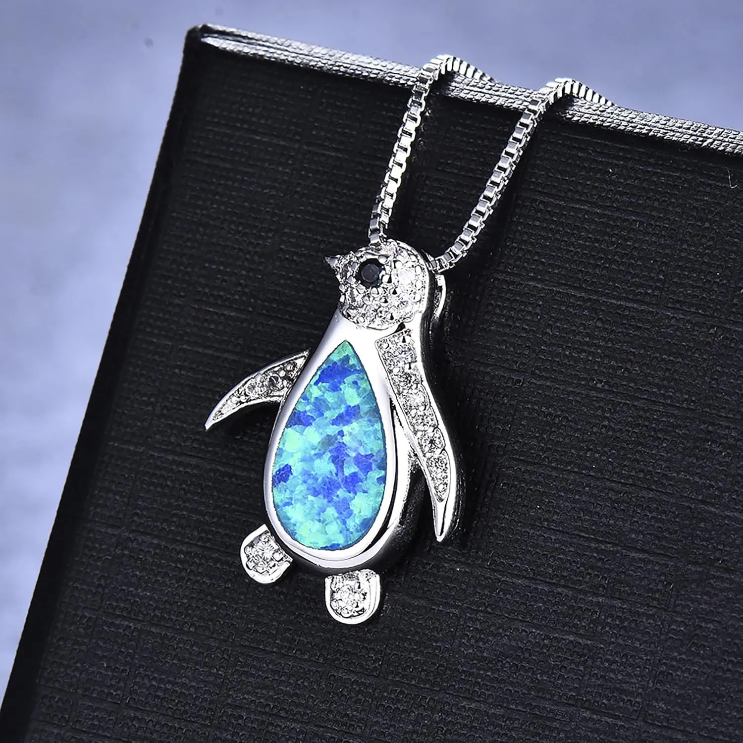 Silver Necklace for Women - 925 Sterling Silver Pave Zirconia White/Blue Opal Penguin Pendant Necklace for Women and Girls - Friendship Birthday Gifts