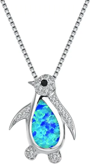 Silver Necklace for Women - 925 Sterling Silver Pave Zirconia White/Blue Opal Penguin Pendant Necklace for Women and Girls - Friendship Birthday Gifts