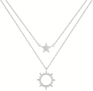 Silver necklace for women layeredSun and Star Layered Necklace with White Gemstones, Sterling Silver necklace