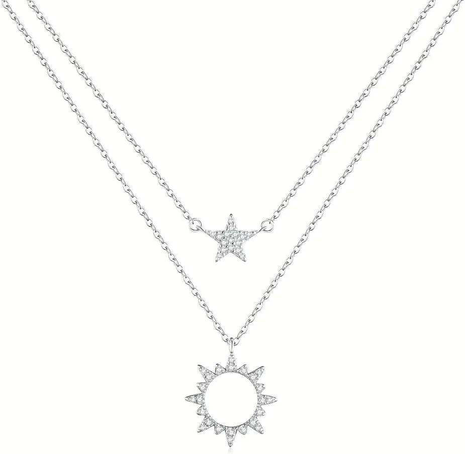 Silver necklace for women layeredSun and Star Layered Necklace with White Gemstones, Sterling Silver necklace