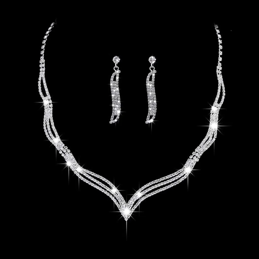 Silver Rhinestone Necklace Jewelry Sets Wedding Bridal Necklace Jewelry Sparkle Crystal Necklaces for Women