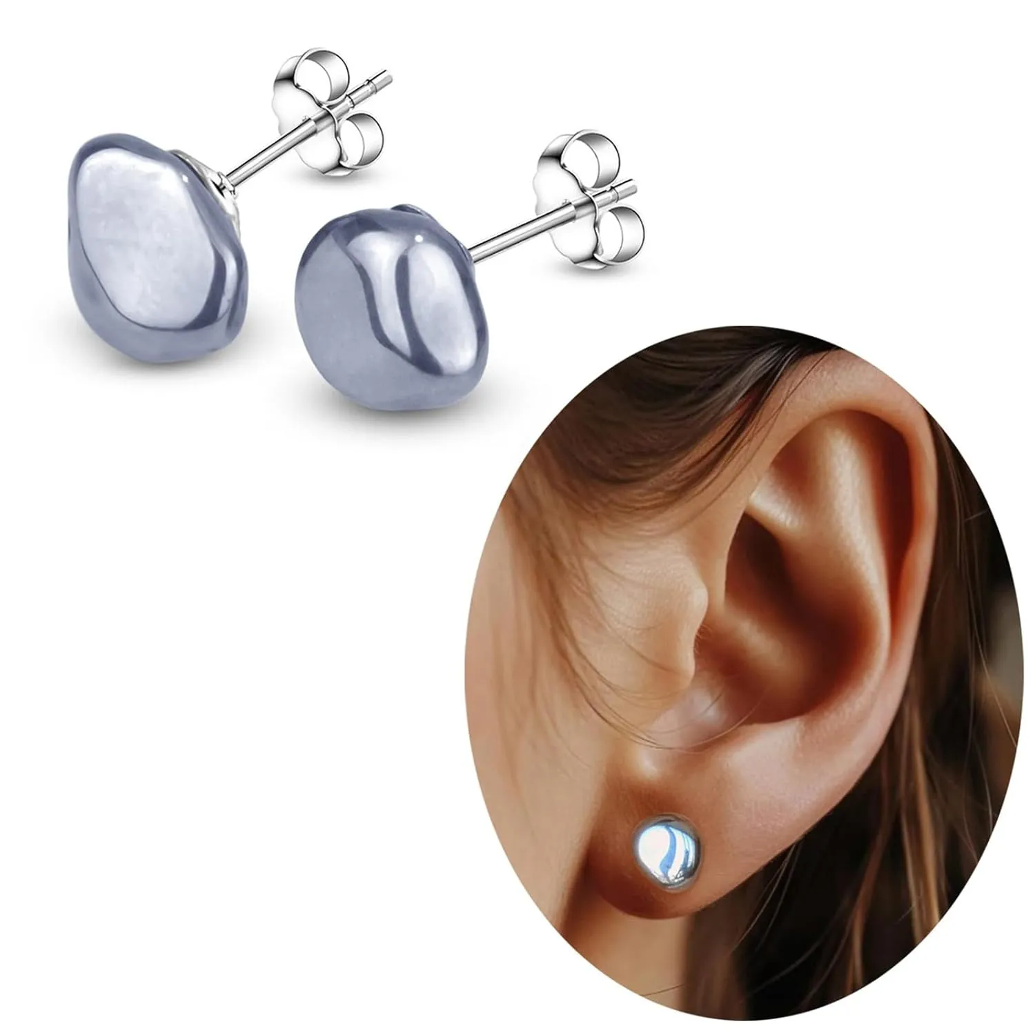 Silver Stud Earrings, Natural Hematite Earrings Stainless Steel Post Earrings for Women, Silver Gemstone Men Stud Earrings