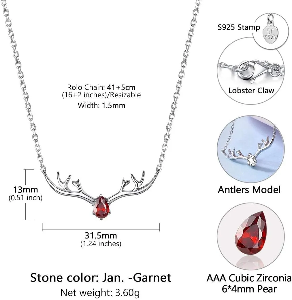 SILVERCUTE Sterling Silver Birthstone Necklaces for Women, Xmas Antler Deer Pendant Necklace with Colorful Cubic Zirconia,16-18 inches