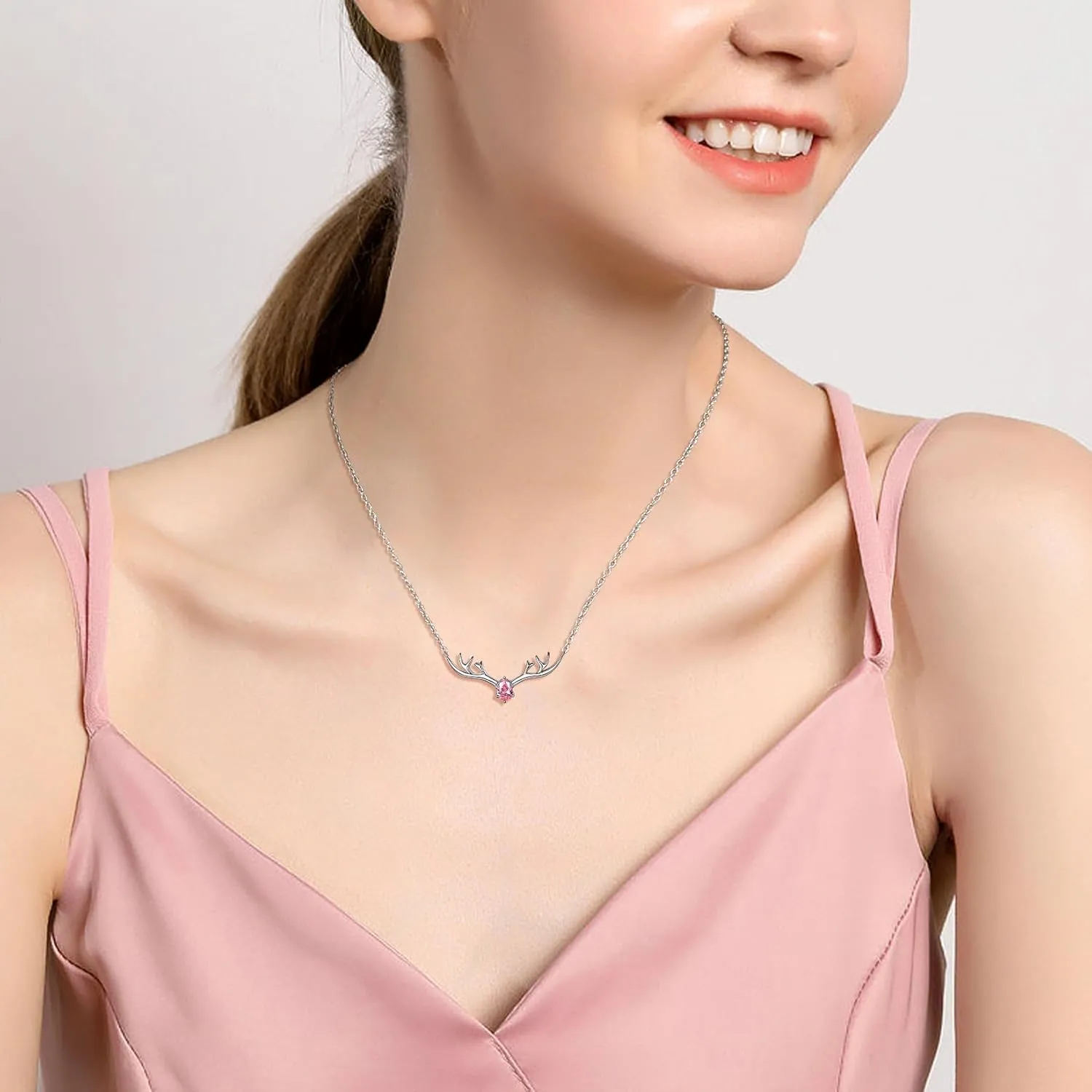 SILVERCUTE Sterling Silver Birthstone Necklaces for Women, Xmas Antler Deer Pendant Necklace with Colorful Cubic Zirconia,16-18 inches