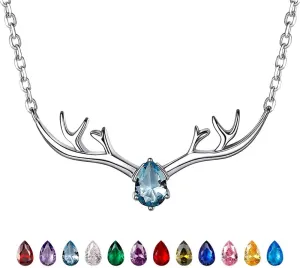 SILVERCUTE Sterling Silver Birthstone Necklaces for Women, Xmas Antler Deer Pendant Necklace with Colorful Cubic Zirconia,16-18 inches