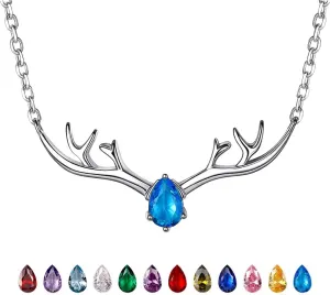 SILVERCUTE Sterling Silver Birthstone Necklaces for Women, Xmas Antler Deer Pendant Necklace with Colorful Cubic Zirconia,16-18 inches