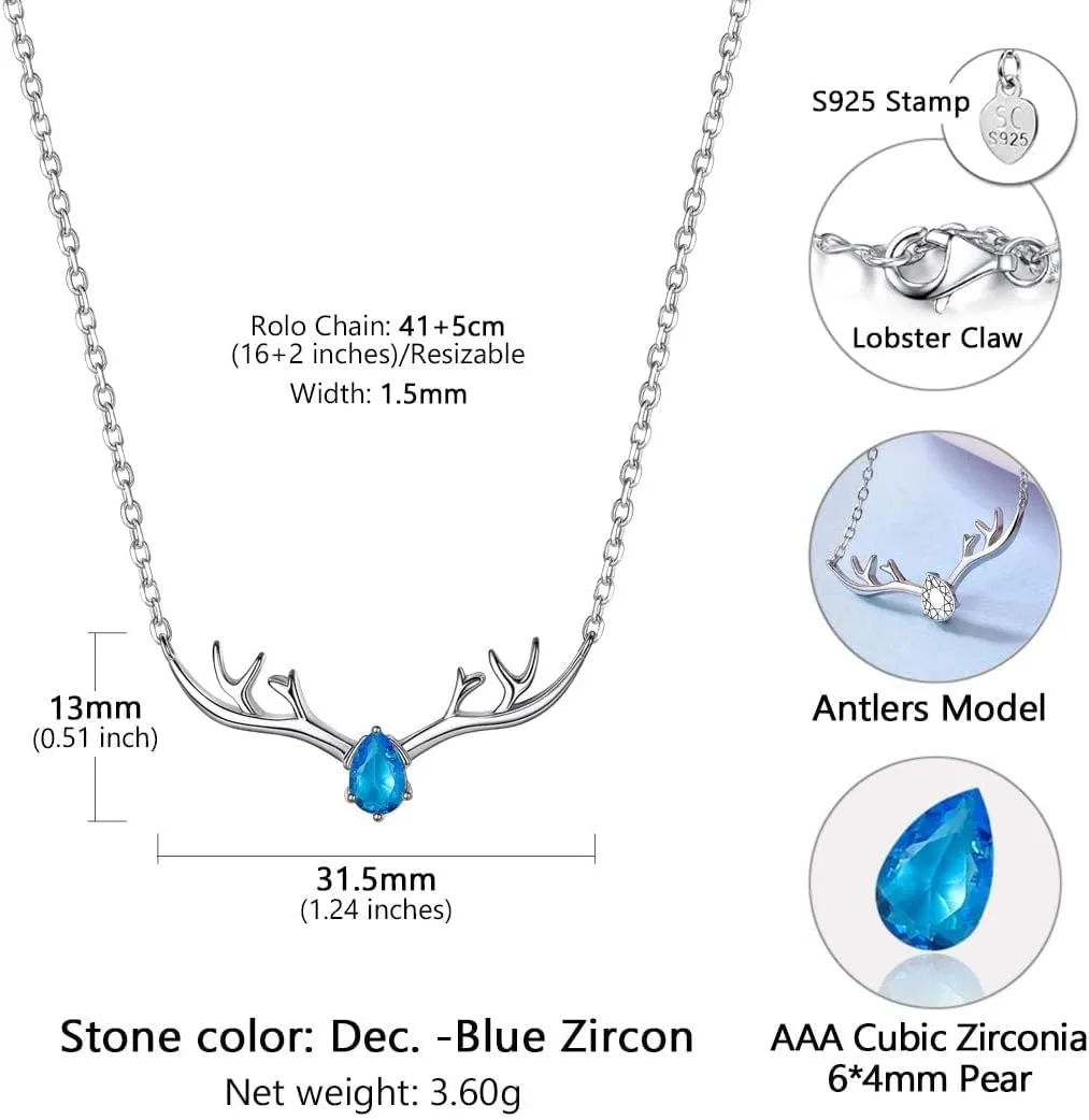 SILVERCUTE Sterling Silver Birthstone Necklaces for Women, Xmas Antler Deer Pendant Necklace with Colorful Cubic Zirconia,16-18 inches